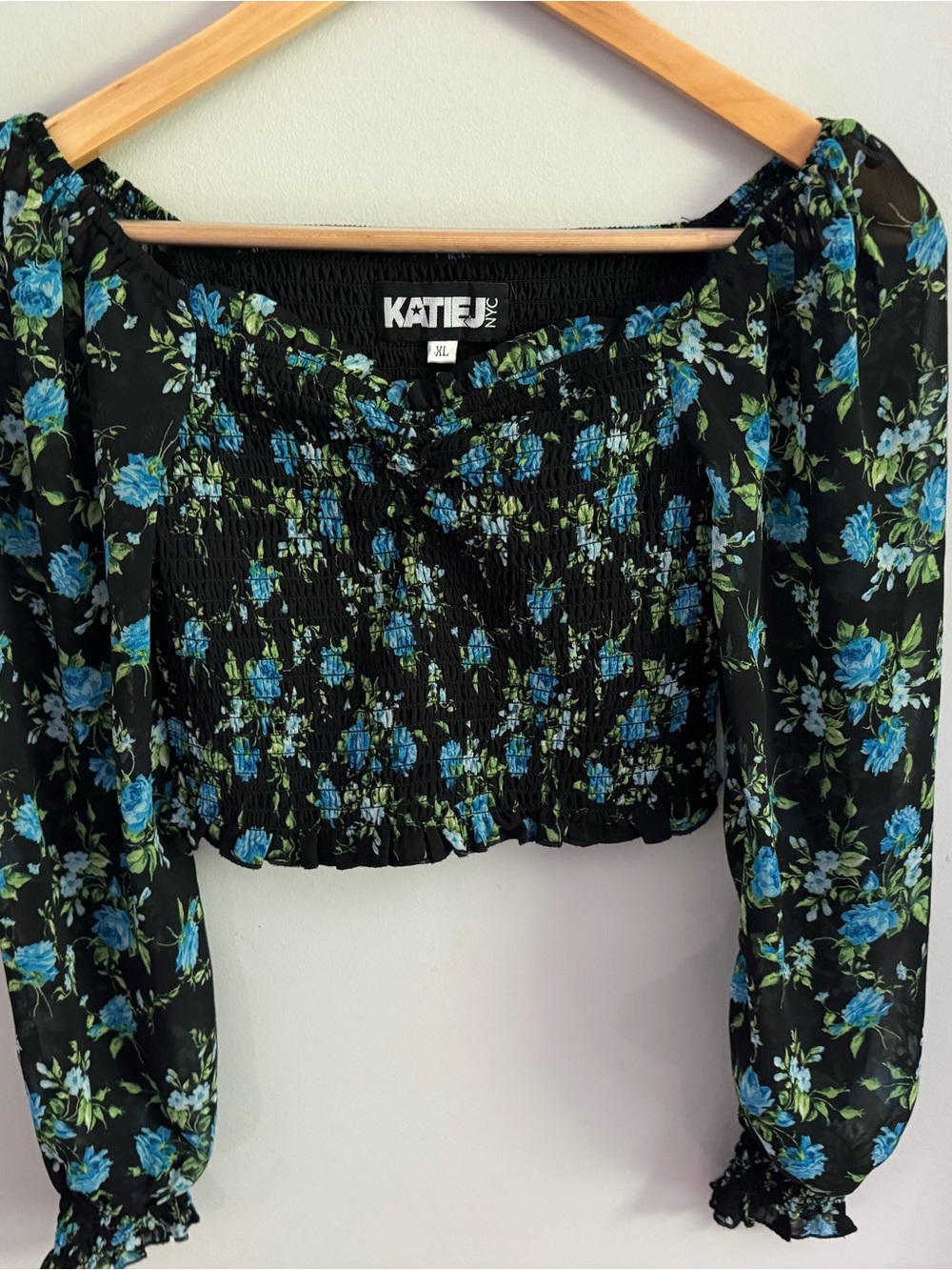 Katie J NYC Black Floral Smocked Blue Top with Sheer Long Sleeves